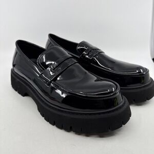 Platform Penny Loafers Chunky Dress Shoes Black Patent Leather Sz‎ 10.5-11